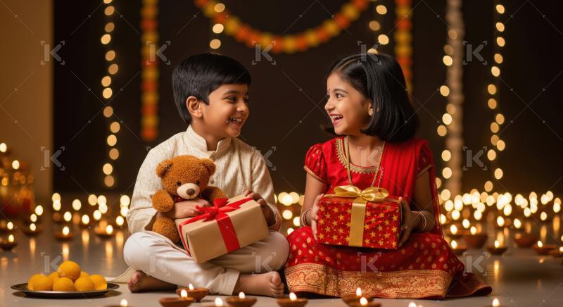 Joyful Indian children celebrating Diwali with gifts and lights