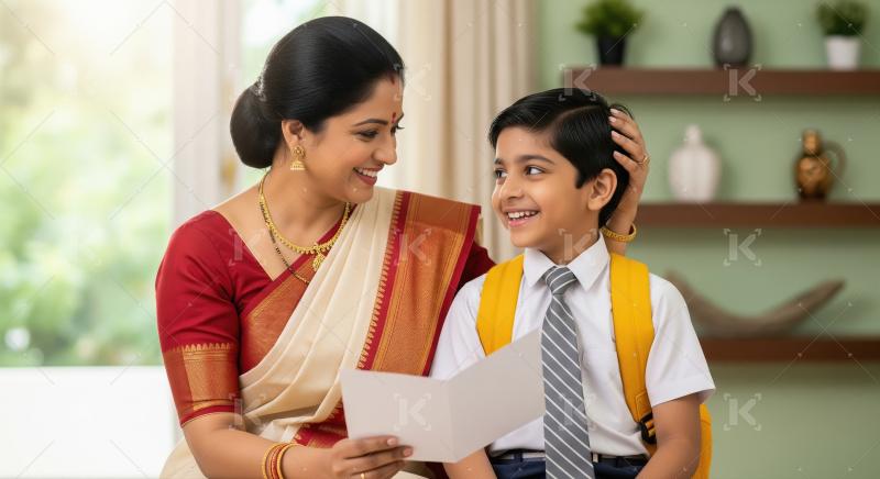 Indian Mother and Son Share a Happy School Moment