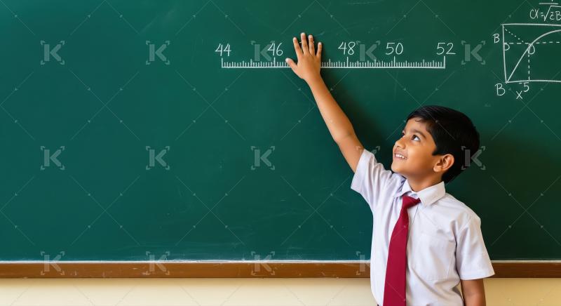 Young schoolboy reaching on blackboard number line during math c