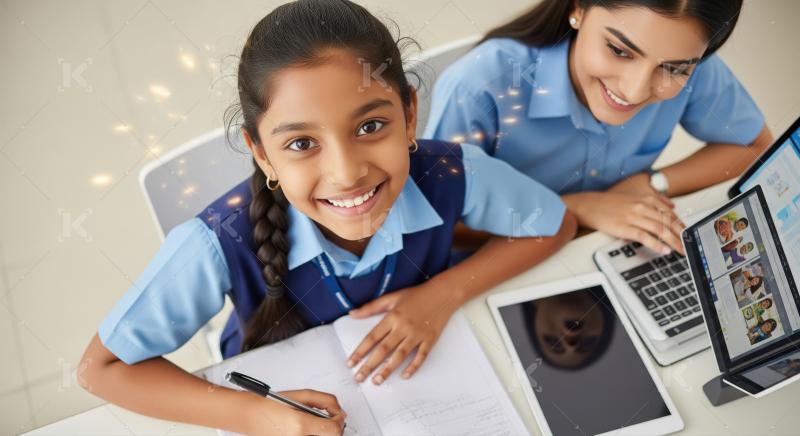 Happy Indian Student and Teacher Learning with Modern Technology
