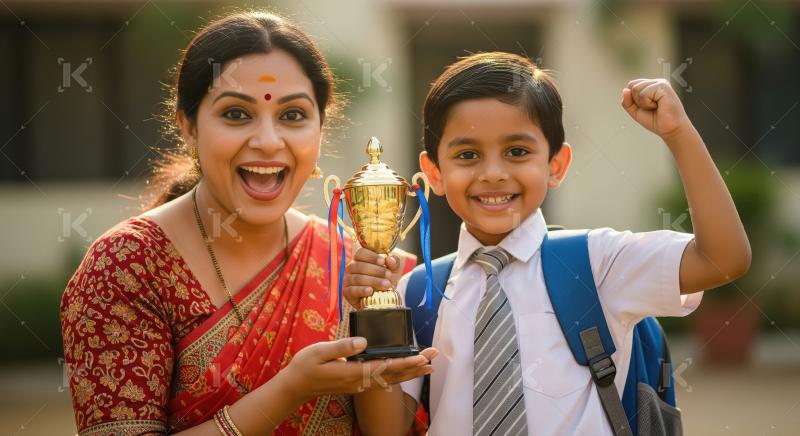 Proud Indian Mother and Son Celebrate School Achievement Trophy
