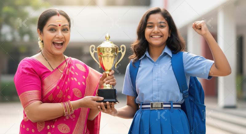 Joyful Indian student and woman holding golden winner trophy.