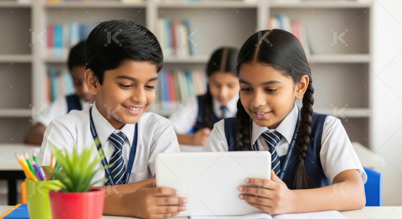 Happy Indian School Kids Using Tablet in Classroom