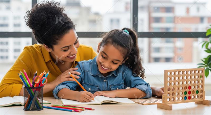 Smiling Mother Teaching Daughter How to Write and Draw
