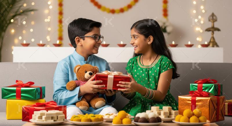 Happy Indian Children Celebrating Festival with Gifts and Sweets