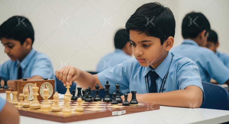 School boy concentrates intently during a competitive chess matc