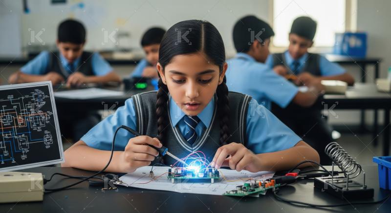 Young girl soldering electronics in a school science class