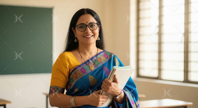 Happy Indian Teacher Smiling in Classroom Holding Books