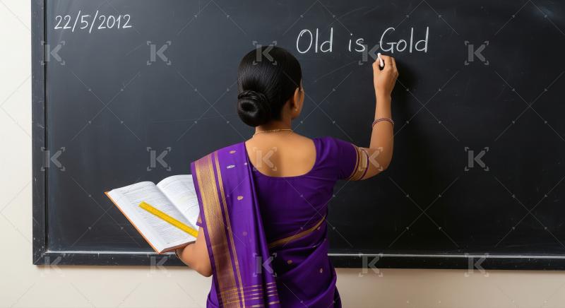 Indian teacher writing "Old is Gold" on blackboard