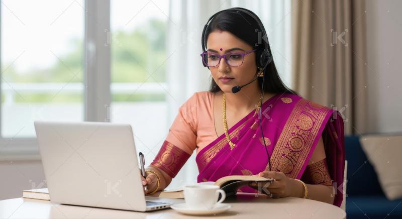Focused Woman in Sari Using Laptop and Headset