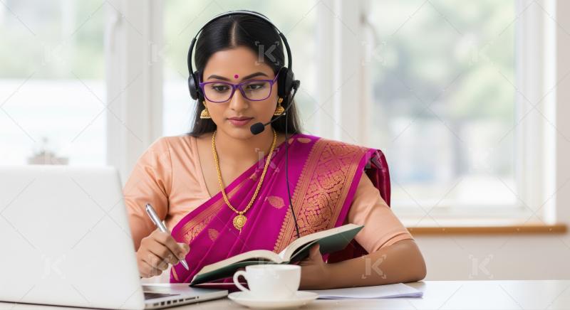 Indian Woman Learning Online with Laptop and Book