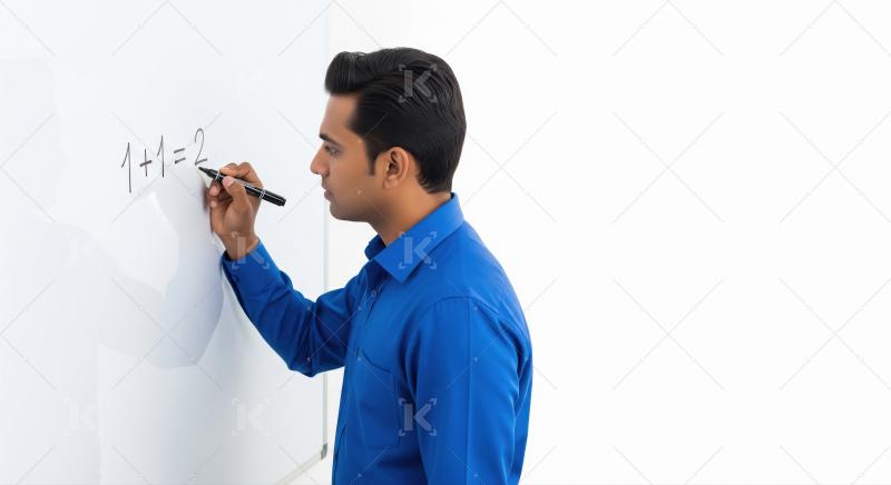 Young Man Writing Basic Math Equation on Whiteboard