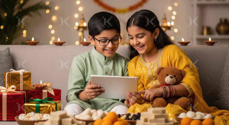 Joyful Indian Children Celebrate Festive Occasion with Tablet an