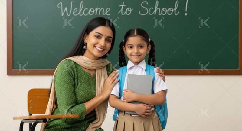 Happy Indian teacher and student welcome to school.