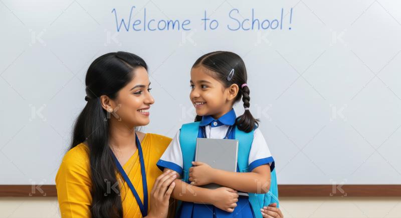 Happy Indian Teacher Welcomes Smiling Student to School