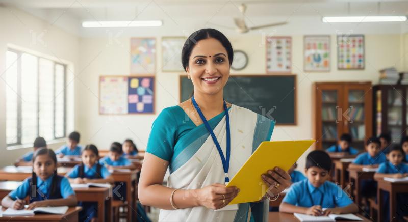 Indian Teacher Smiling in Classroom with Students Studying