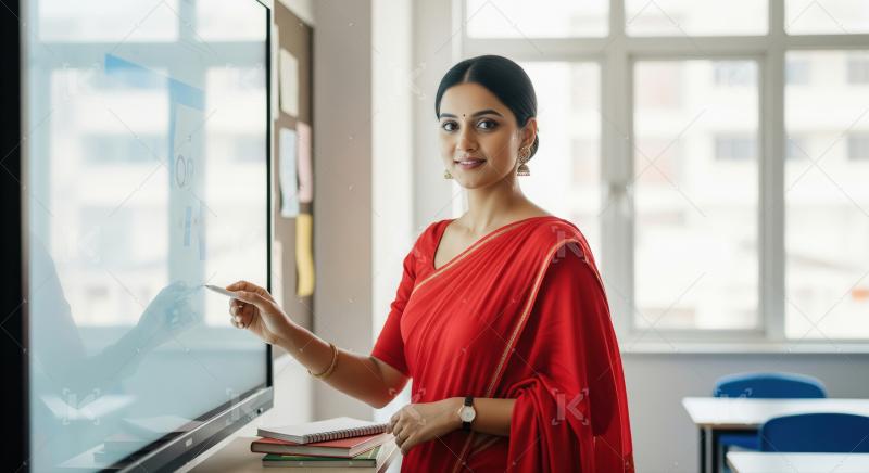 Smiling Indian teacher interacts with smart board in modern clas