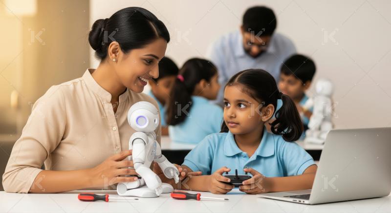Indian Teacher and Girl Explore Robotics in STEM Class