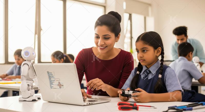 Teacher guides young girl programming a robot in class