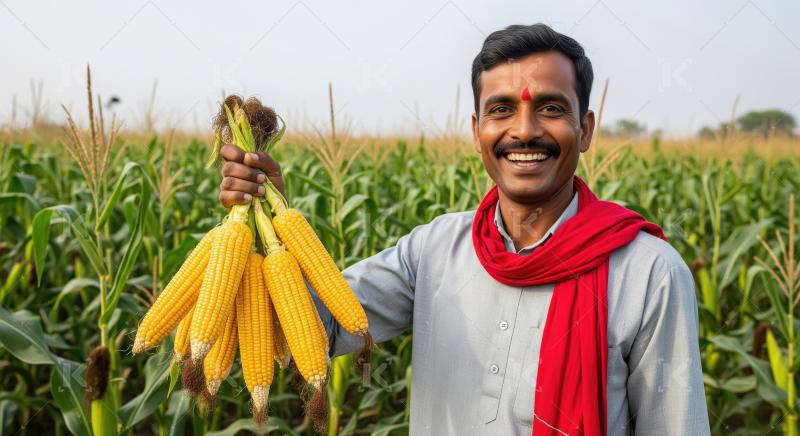 Happy Indian farmer proudly holds fresh corn cobs in field