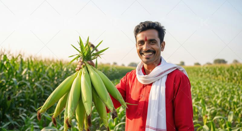 Happy Indian Farmer Holds Fresh Corn Harvest in Field