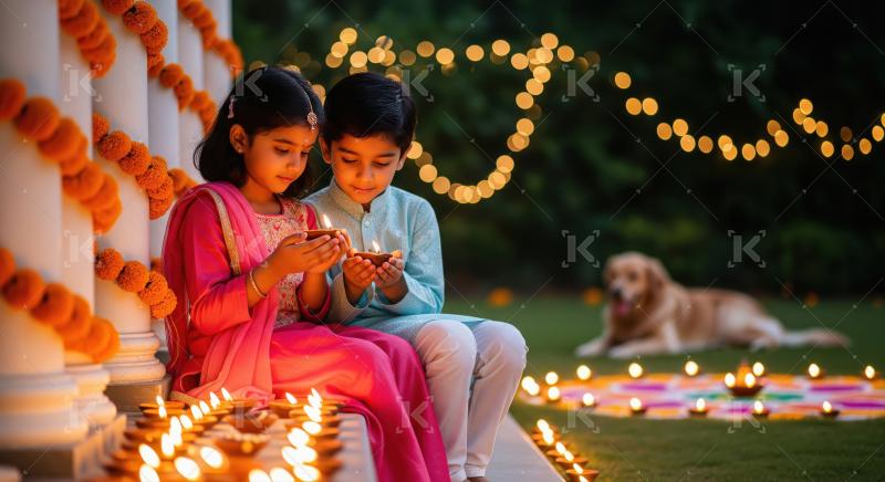 Indian Children Celebrate Diwali with Diyas and Dog