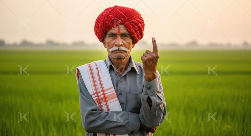Elderly Indian Farmer proudly displays inked voting finger in fi