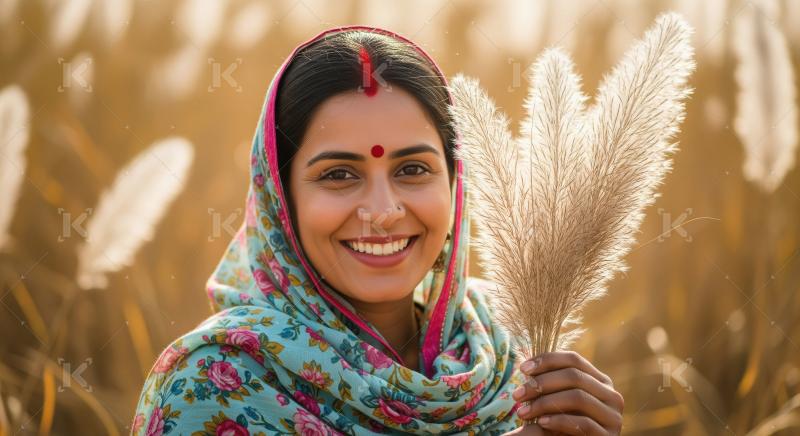Joyful Indian Woman with Feathery Grass in Golden Field