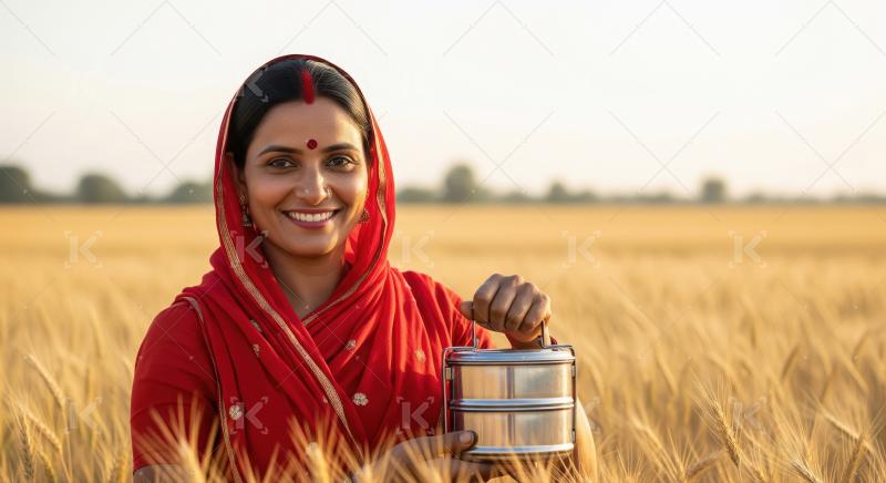 Smiling Indian Woman Holds Tiffin in Golden Wheat Field
