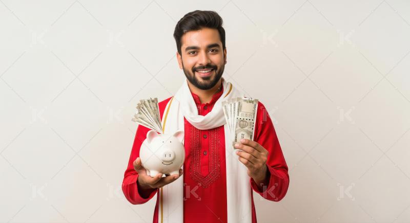 Smiling Indian Man Holding Piggy Bank and Indian Rupees