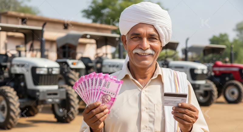 Happy Indian farmer with cash and credit card at tractor sale