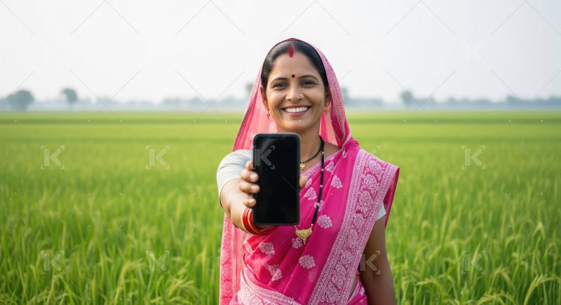 Happy rural Indian woman shows smartphone in rice field