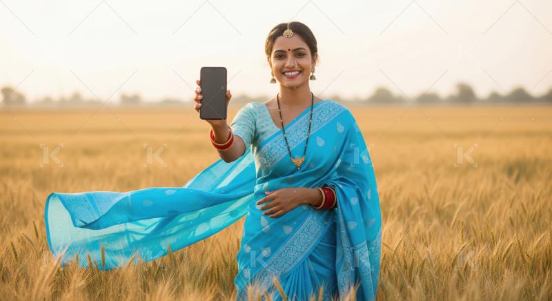 Cheerful Indian woman shows smartphone in rural golden field.