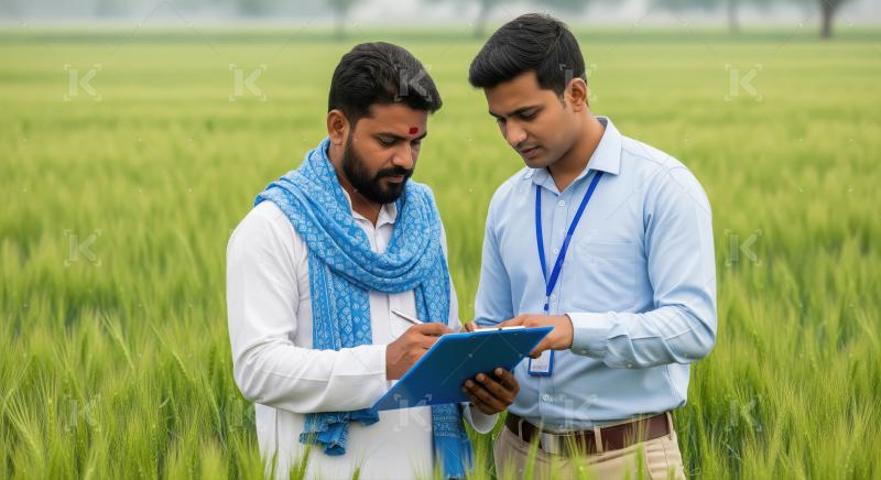 Agronomist and Farmer Reviewing Crop Data in Green Field