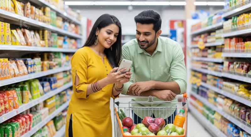 Young Indian Couple Using Smartphone While Grocery Shopping