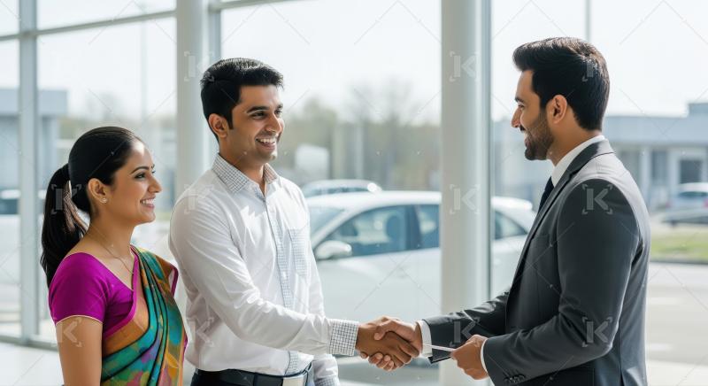 Happy Indian Couple Shakes Hands with Car Salesman