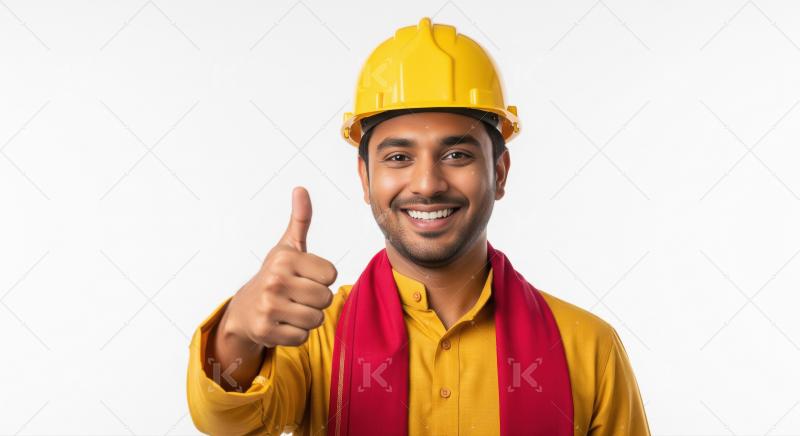 Indian Engineer Smiling, Thumbs Up, Yellow Hard Hat
