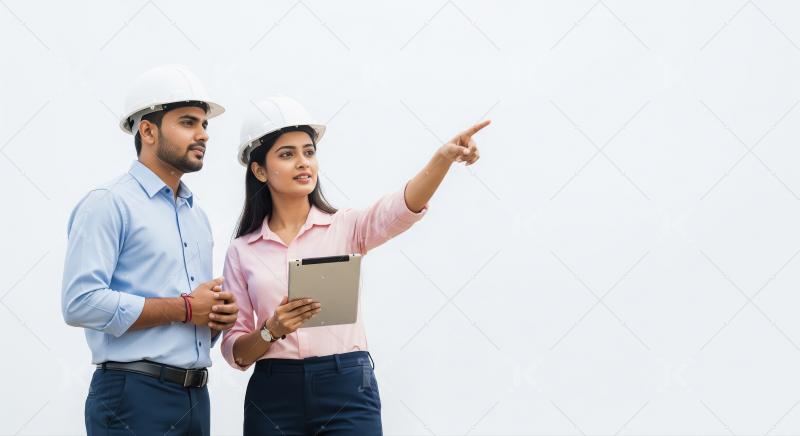 Indian engineers discussing construction plans, pointing towards