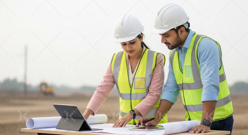 Engineers reviewing blueprints and tablet at construction site