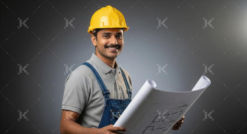 Smiling Indian engineer in hard hat reviewing building blueprint