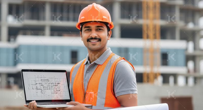 Young construction manager showcasing building plans and bluepri
