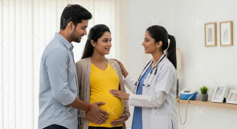 Doctor provides gentle prenatal care to happy Indian pregnant co