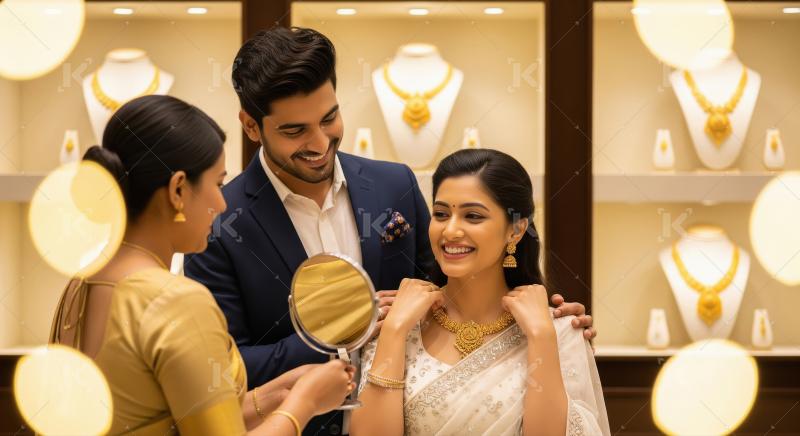 Happy Indian Couple Shopping Gold Jewelry with Sales Assistant