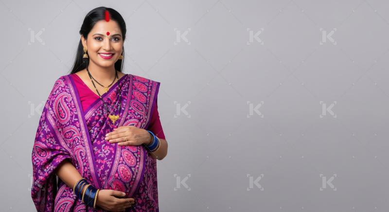 Happy Pregnant Indian Woman Embracing Motherhood in Traditional