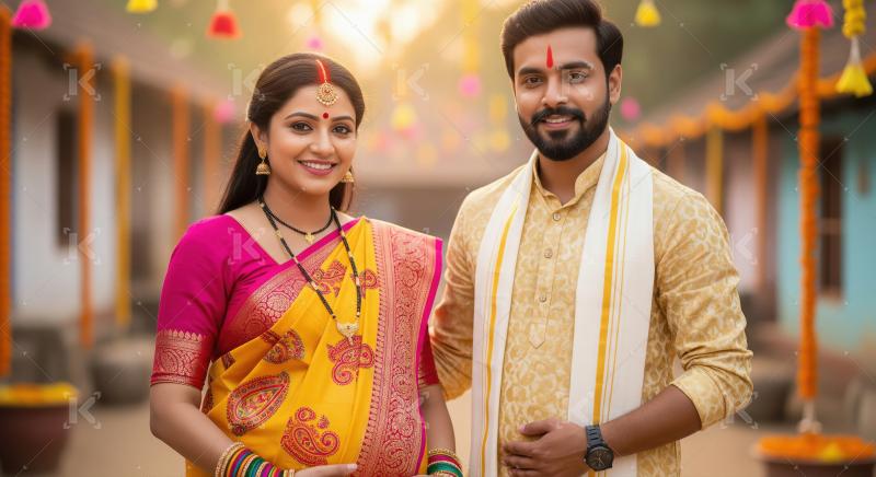 Happy Indian couple in traditional attire smiling outdoors