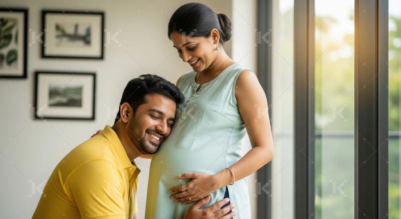 Joyful Indian Couple Expecting Baby, Man Listens to Pregnant Bel