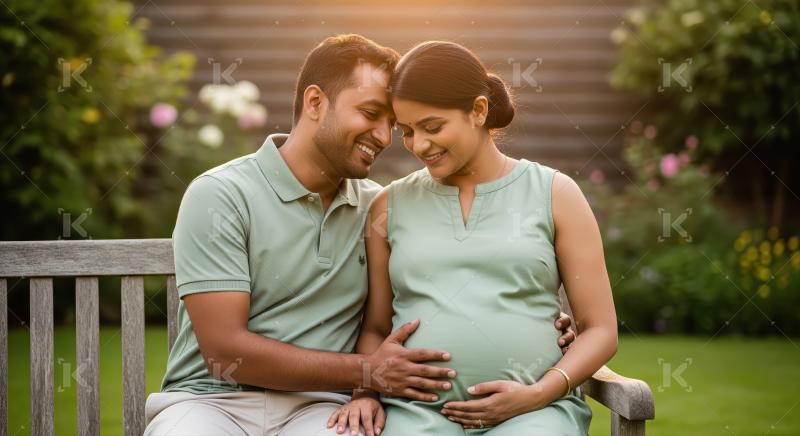 Happy pregnant Indian couple embracing in a sunny garden