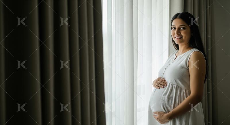 Happy expectant mother gently cradling her baby bump, smiling