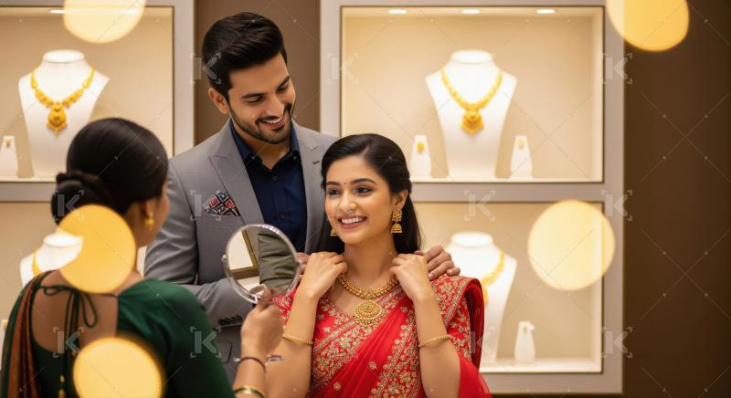 Happy Indian Couple Shopping for Gold Jewelry
