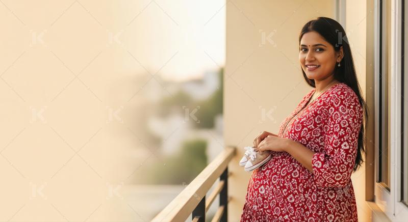Smiling Indian pregnant woman lovingly holds baby shoes outdoors